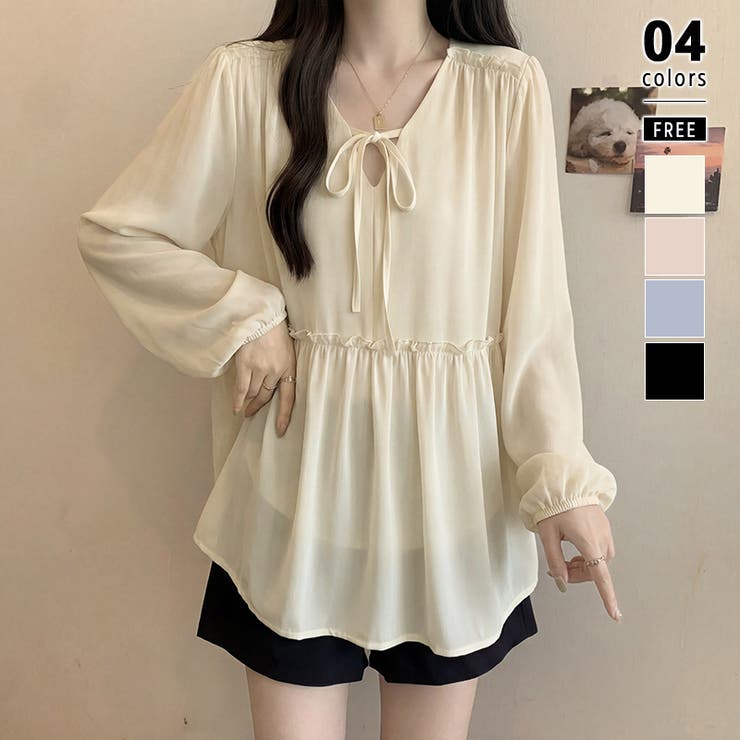 ベージュ | ふんわり今っぽフェミニン。シフォンペプラムチュニック ペプラム チュニック | COCOMOMO