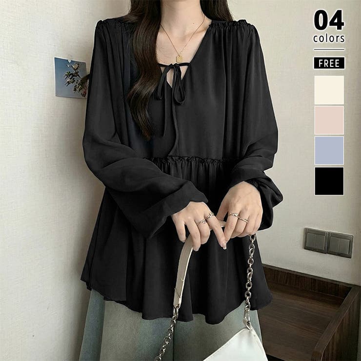 ブラック | ふんわり今っぽフェミニン。シフォンペプラムチュニック ペプラム チュニック | COCOMOMO