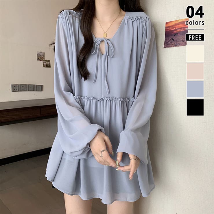 ブルー | ふんわり今っぽフェミニン。シフォンペプラムチュニック ペプラム チュニック | COCOMOMO