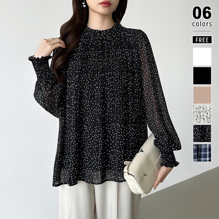 ブラック・ドット柄 | ふわっと軽やかプリーツシアーブラウス シフォンブラウス ブラウス | COCOMOMO