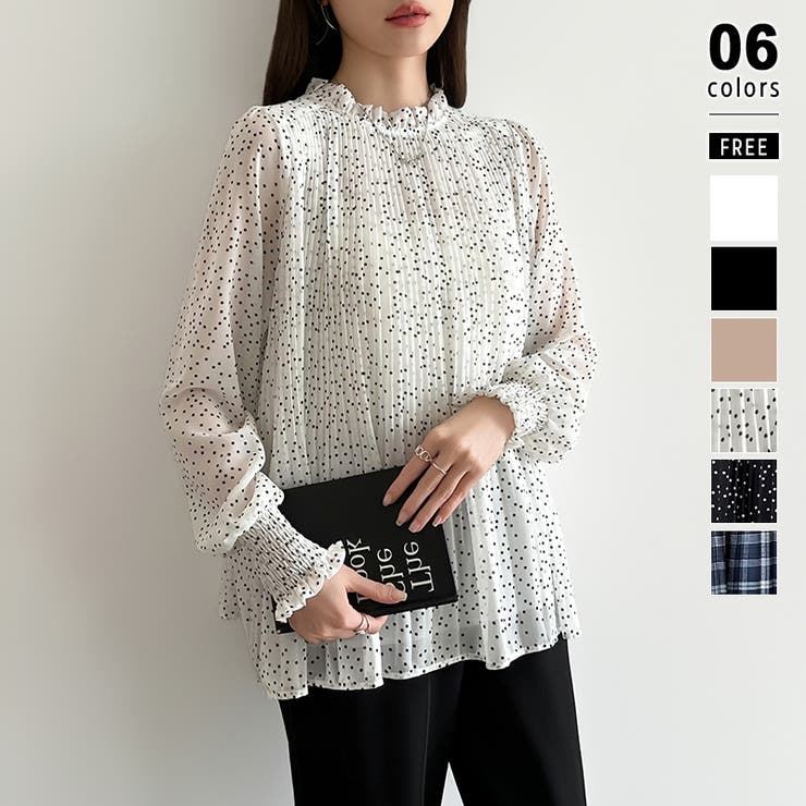 ホワイト・ドット柄 | ふわっと軽やかプリーツシアーブラウス シフォンブラウス ブラウス | COCOMOMO