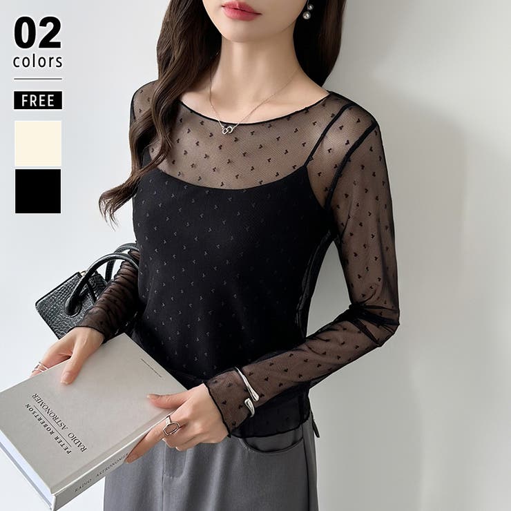 ブラック | 【大人が着たいハート柄】 ハート柄シアートップス クルーネック | COCOMOMO