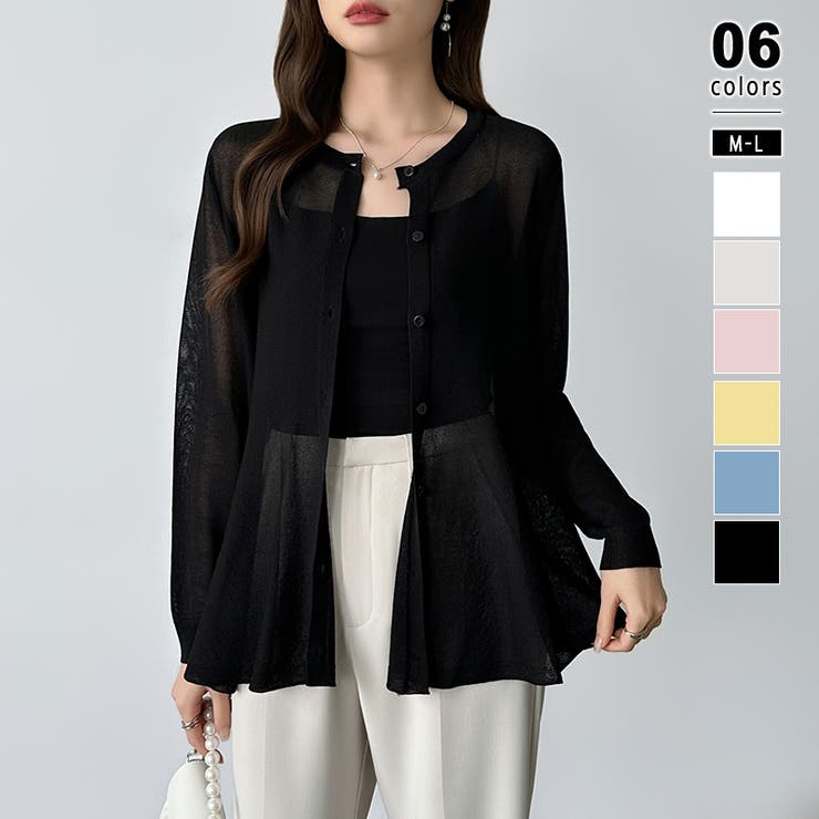 ブラック | 透け感でつくる、シアーペプラム シアーカーディガン ペプラムトップス | COCOMOMO