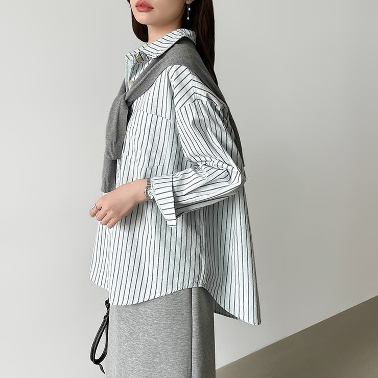 ちょうどいい抜け感。ダブルラインストライプシャツ ストライプシャツ シャツ | COCOMOMO | 詳細画像13 