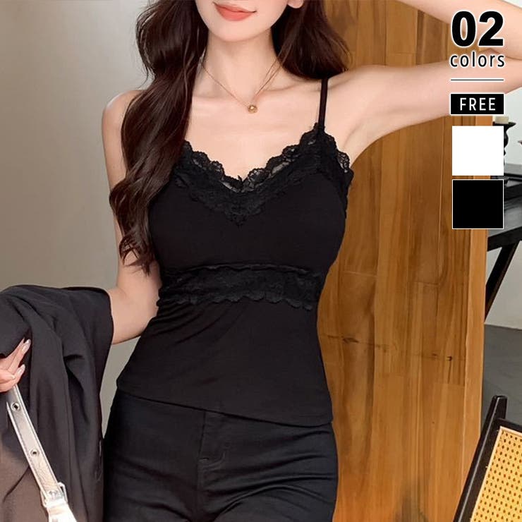 ブラック | レーストリムカップ付きキャミソール レースキャミソール カップ付き | COCOMOMO