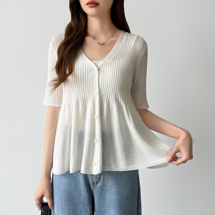 Vネックペプラムシアーカーディガン ペプラムカーディガン サマーニット | COCOMOMO | 詳細画像10 