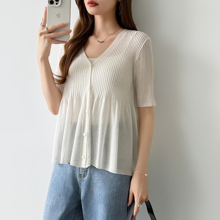 Vネックペプラムシアーカーディガン ペプラムカーディガン サマーニット | COCOMOMO | 詳細画像11 