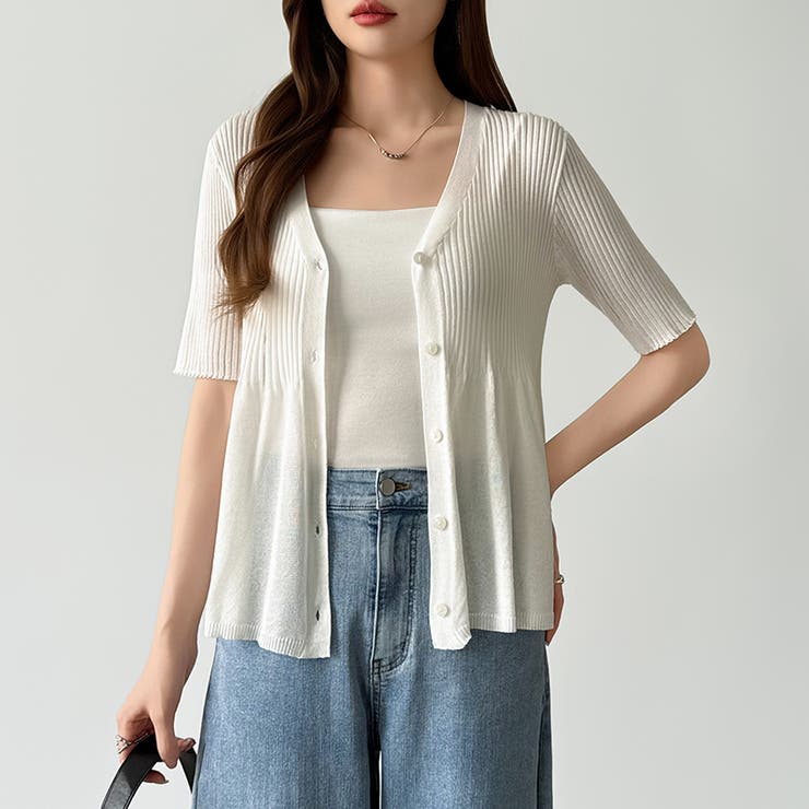 Vネックペプラムシアーカーディガン ペプラムカーディガン サマーニット | COCOMOMO | 詳細画像13 