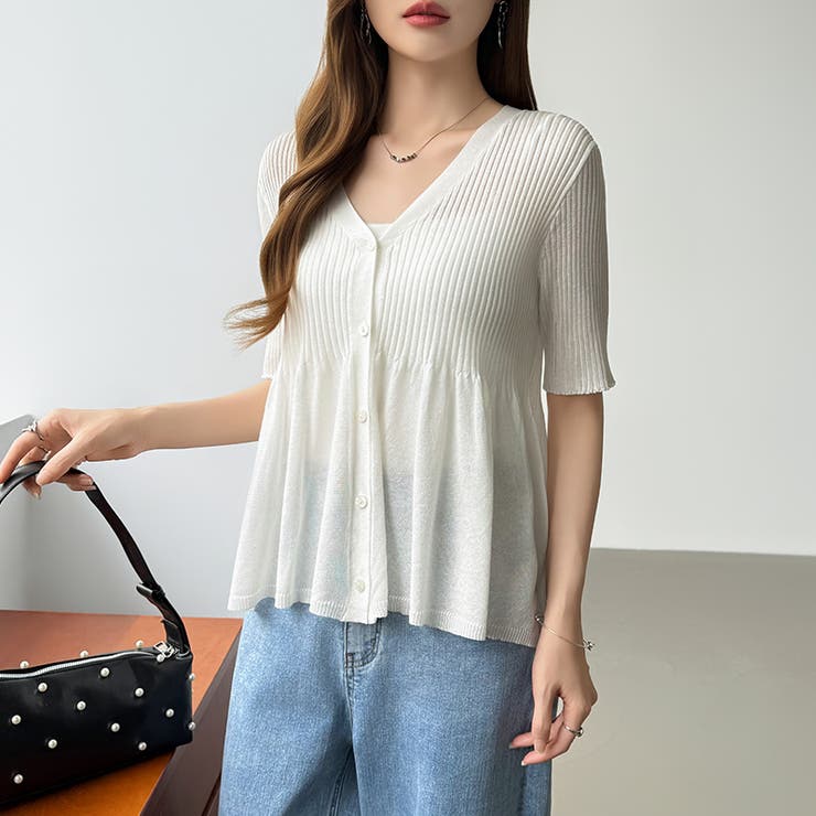 Vネックペプラムシアーカーディガン ペプラムカーディガン サマーニット | COCOMOMO | 詳細画像17 