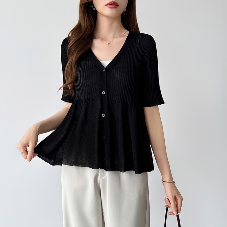 Vネックペプラムシアーカーディガン ペプラムカーディガン サマーニット | COCOMOMO | 詳細画像19 