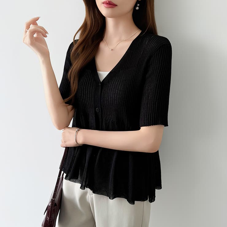 Vネックペプラムシアーカーディガン ペプラムカーディガン サマーニット | COCOMOMO | 詳細画像20 