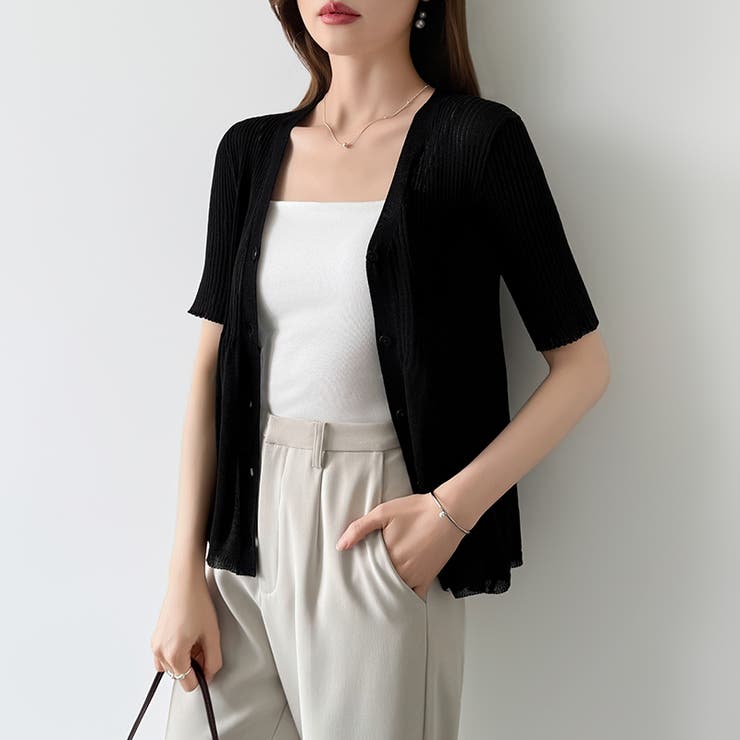 Vネックペプラムシアーカーディガン ペプラムカーディガン サマーニット | COCOMOMO | 詳細画像23 