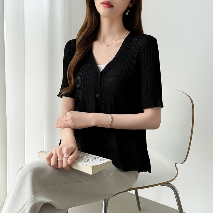 Vネックペプラムシアーカーディガン ペプラムカーディガン サマーニット | COCOMOMO | 詳細画像26 