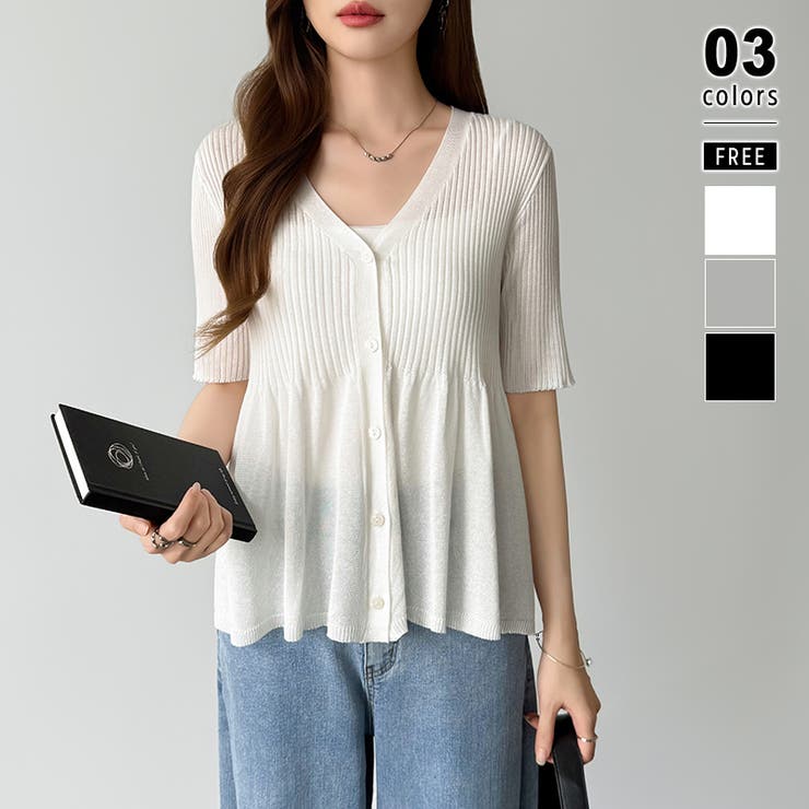 ホワイト | Vネックペプラムシアーカーディガン ペプラムカーディガン サマーニット | COCOMOMO