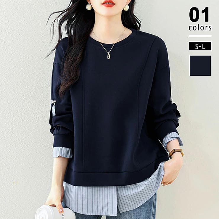 ちら見せストライプレイヤード風トップス スウェット ビジューリボン | COCOMOMO | 詳細画像1 