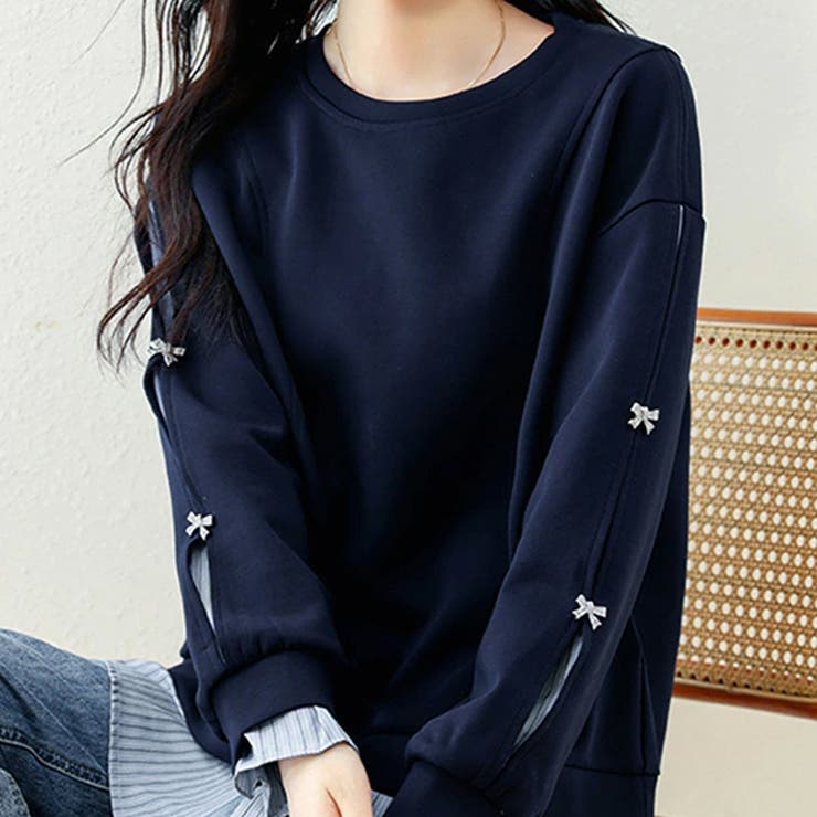 ちら見せストライプレイヤード風トップス スウェット ビジューリボン | COCOMOMO | 詳細画像10 