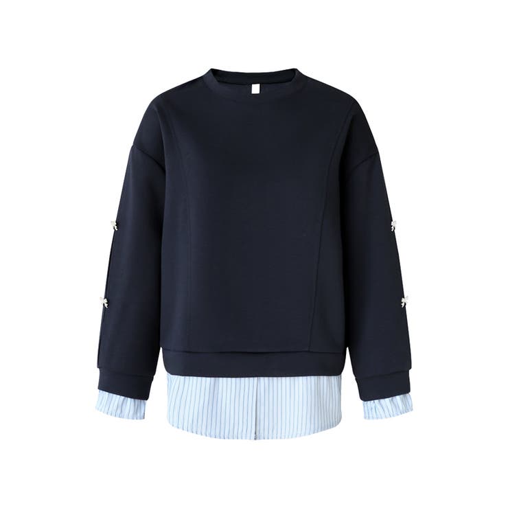 ちら見せストライプレイヤード風トップス スウェット ビジューリボン | COCOMOMO | 詳細画像14 