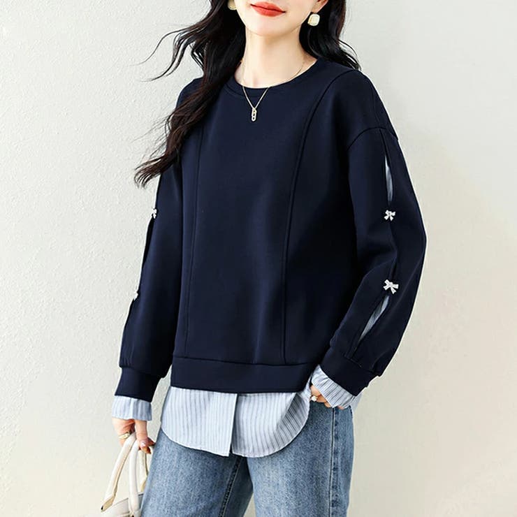 ちら見せストライプレイヤード風トップス スウェット ビジューリボン | COCOMOMO | 詳細画像2 