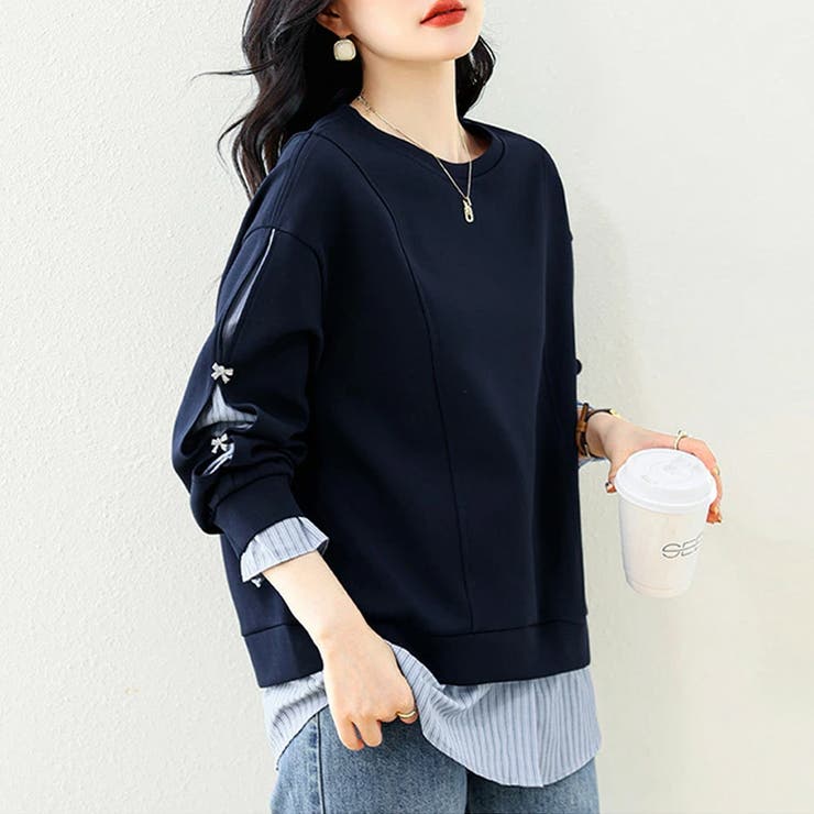 ちら見せストライプレイヤード風トップス スウェット ビジューリボン | COCOMOMO | 詳細画像3 