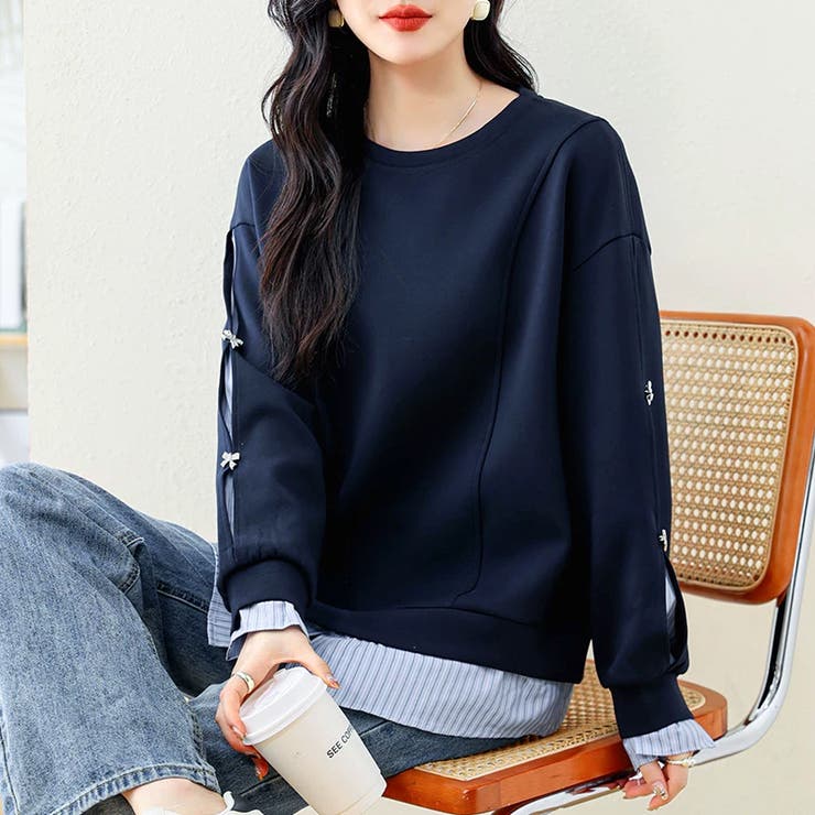 ちら見せストライプレイヤード風トップス スウェット ビジューリボン | COCOMOMO | 詳細画像5 