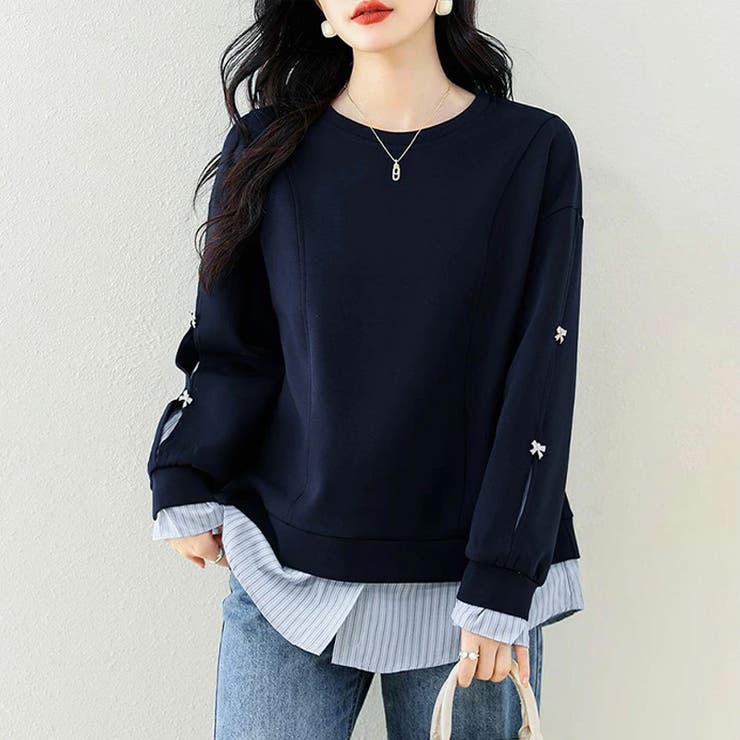 ちら見せストライプレイヤード風トップス スウェット ビジューリボン | COCOMOMO | 詳細画像7 