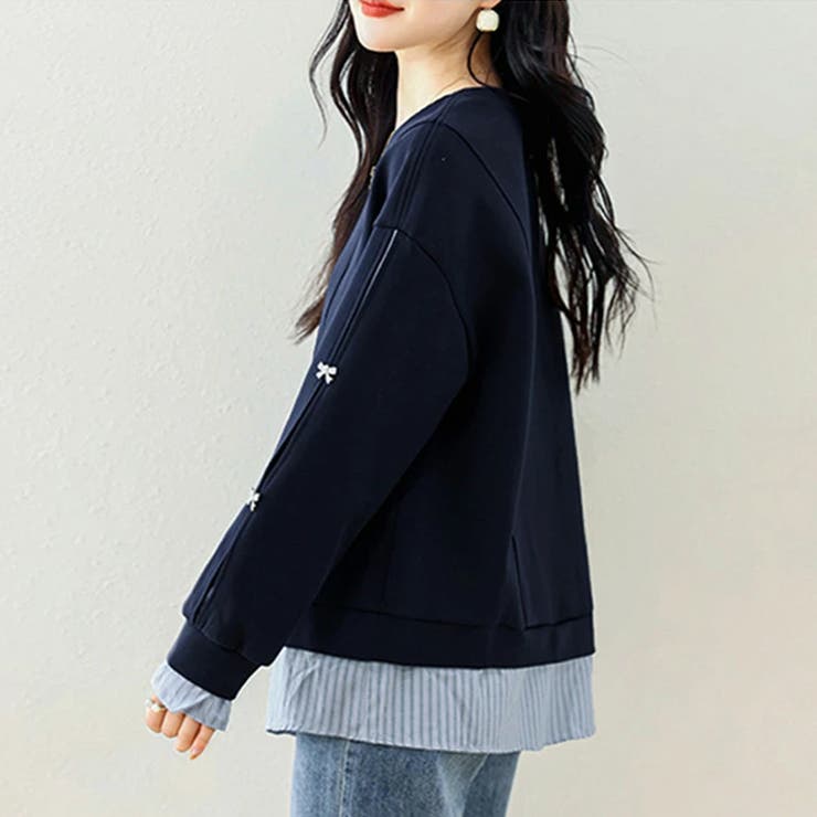 ちら見せストライプレイヤード風トップス スウェット ビジューリボン | COCOMOMO | 詳細画像9 