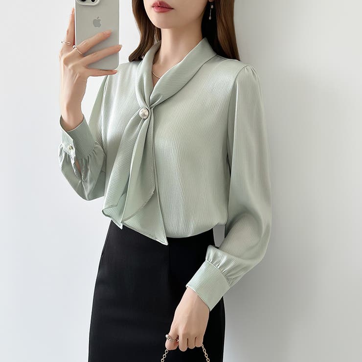 【アクセいらずで華やぐ】パール付きブラウス ボウタイブラウス ブラウス | COCOMOMO | 詳細画像12 