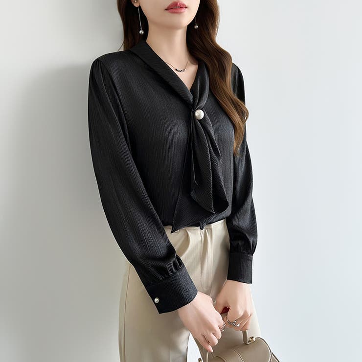 【アクセいらずで華やぐ】パール付きブラウス ボウタイブラウス ブラウス | COCOMOMO | 詳細画像48 