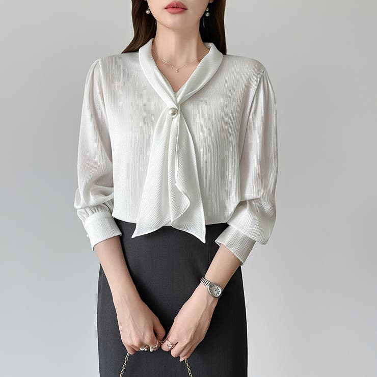 【アクセいらずで華やぐ】パール付きブラウス ボウタイブラウス ブラウス | COCOMOMO | 詳細画像7 