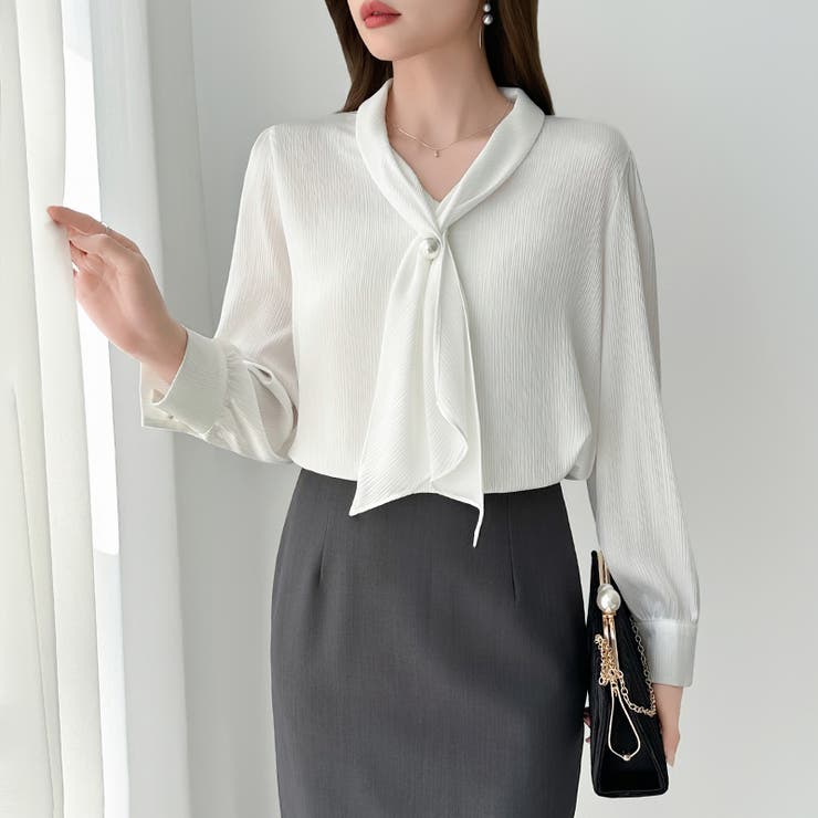 【アクセいらずで華やぐ】パール付きブラウス ボウタイブラウス ブラウス | COCOMOMO | 詳細画像10 