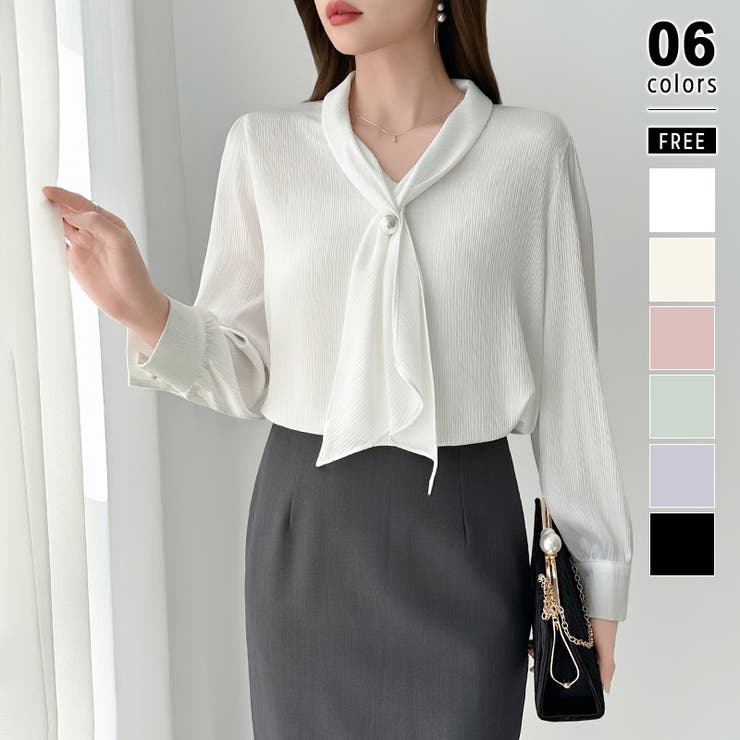 ホワイト | 【アクセいらずで華やぐ】パール付きブラウス ボウタイブラウス ブラウス | COCOMOMO