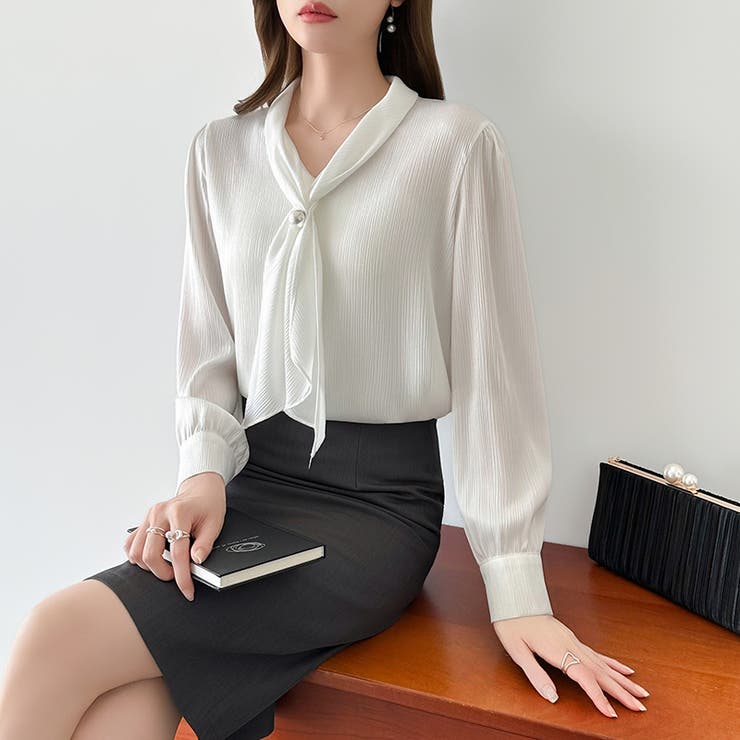 【アクセいらずで華やぐ】パール付きブラウス ボウタイブラウス ブラウス | COCOMOMO | 詳細画像9 