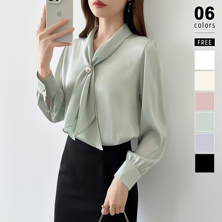 ライトグリーン | 【アクセいらずで華やぐ】パール付きブラウス ボウタイブラウス ブラウス | COCOMOMO