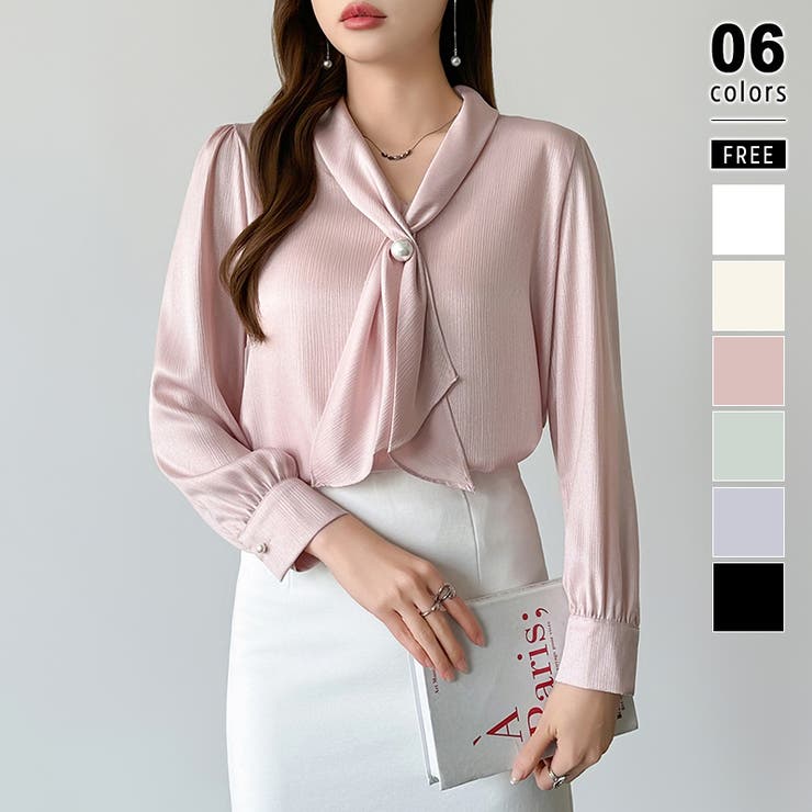 ピンク | 【アクセいらずで華やぐ】パール付きブラウス ボウタイブラウス ブラウス | COCOMOMO