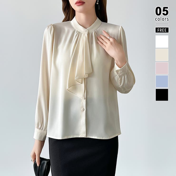 ベージュ | 【フロントドレープで結ばず即 華やか】 スカーフタイブラウス | COCOMOMO