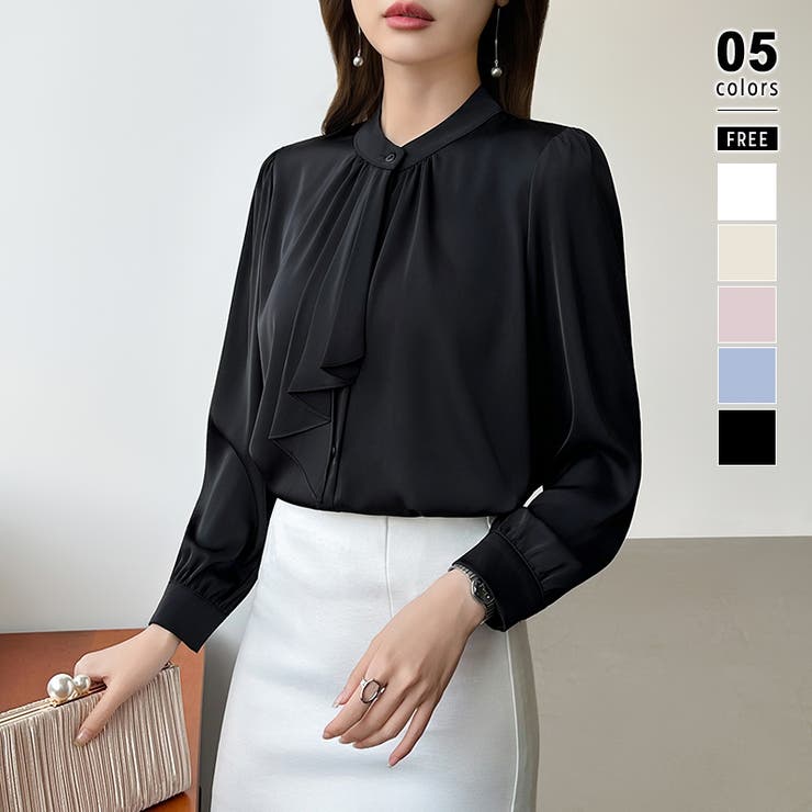 ブラック | 【フロントドレープで結ばず即 華やか】 スカーフタイブラウス | COCOMOMO