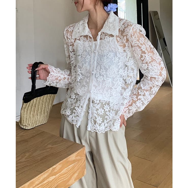 【刺繍レースで上品に透かす】レースブラウス キャミソールセット 総レース | COCOMOMO | 詳細画像14 