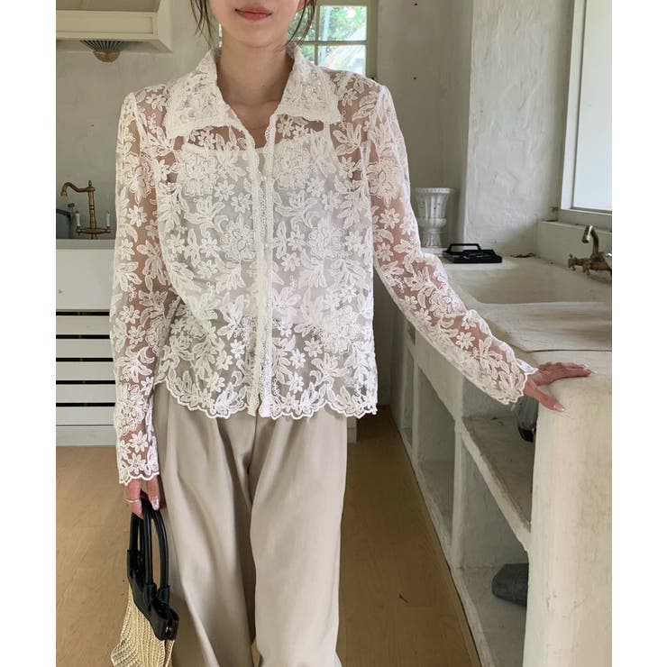 【刺繍レースで上品に透かす】レースブラウス キャミソールセット 総レース | COCOMOMO | 詳細画像15 