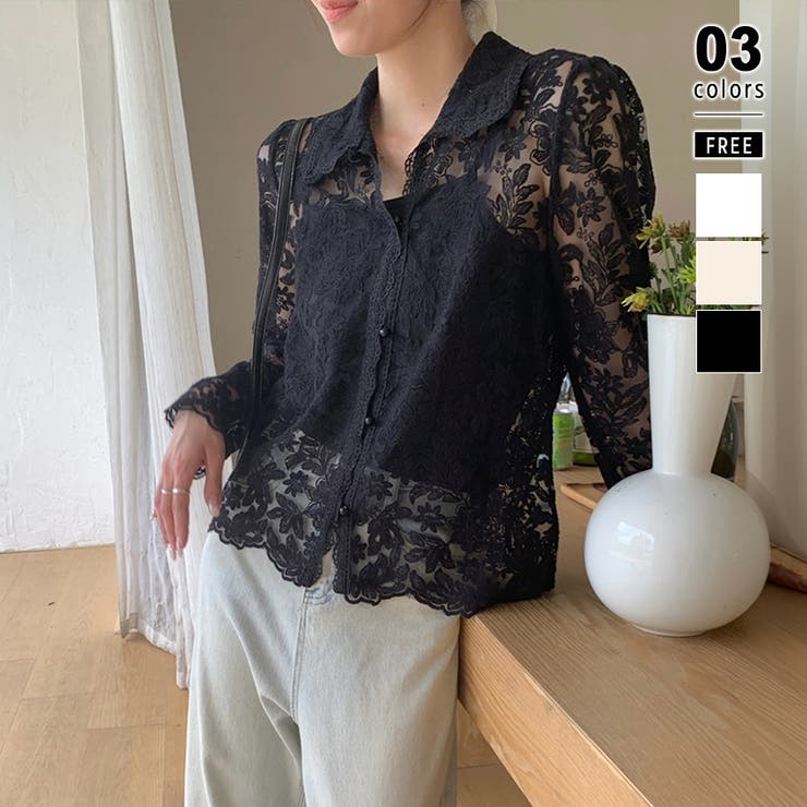 ブラック | 【刺繍レースで上品に透かす】レースブラウス キャミソールセット 総レース | COCOMOMO