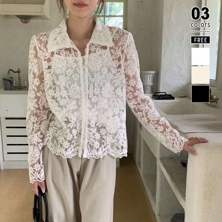 ホワイト | 【刺繍レースで上品に透かす】レースブラウス キャミソールセット 総レース | COCOMOMO