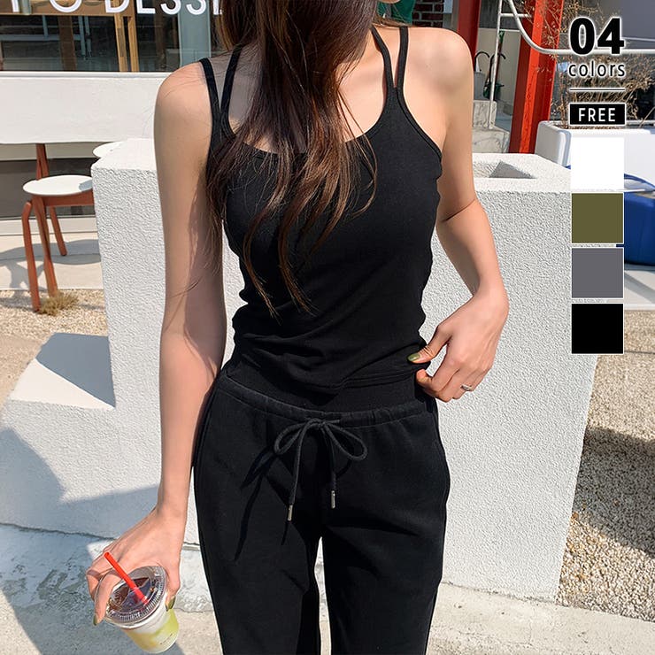 ブラック | カップ付きバッククロスキャミスール カップ付きキャミソール ダブルストラップ | COCOMOMO