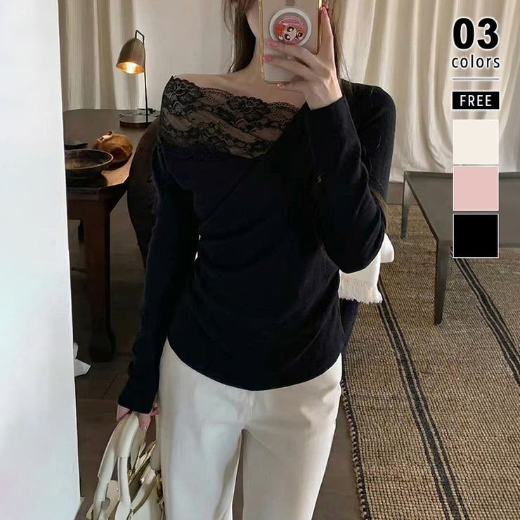 ブラック | 肩出しレースで視線ひとり占め。オフショルレーストップス オフショルダー ワンショ… | COCOMOMO