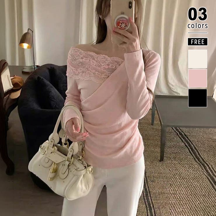 ピンク | 肩出しレースで視線ひとり占め。オフショルレーストップス オフショルダー ワンショ… | COCOMOMO