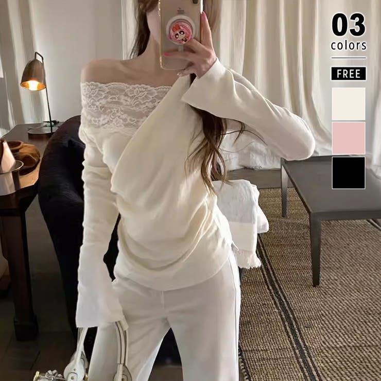 アイボリー | 肩出しレースで視線ひとり占め。オフショルレーストップス オフショルダー ワンショ… | COCOMOMO