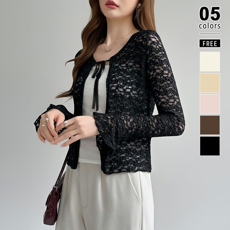 ブラック | 【ぽこぽこ立体レース】 シアーレースカーディガン カーディガン | COCOMOMO