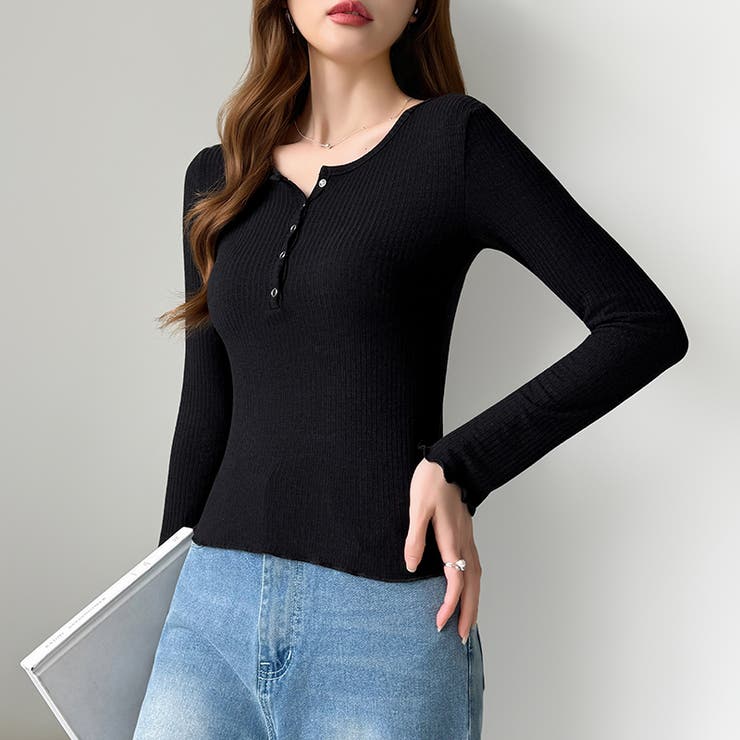 ほんのりシアー。リブカットソー ヘンリーネック ロンT | COCOMOMO | 詳細画像21 