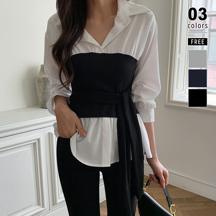 ブラック | テクいらずでメリハリシルエット ビスチェドッキングシャツ コルセット風 | COCOMOMO