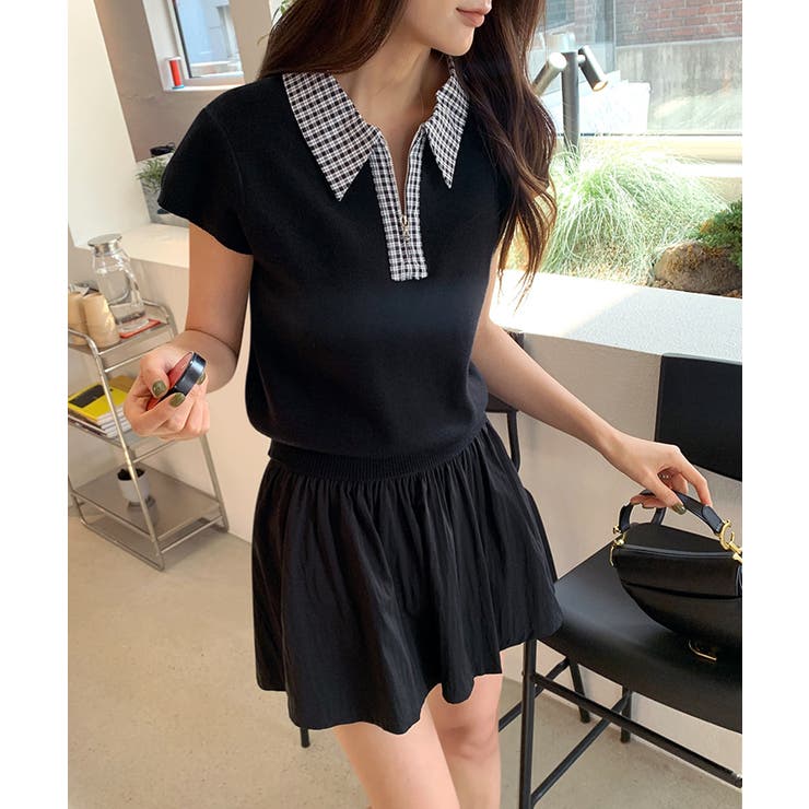 【チェック襟×ハーフジップ】 ポロシャツ サマーニット | COCOMOMO | 詳細画像11 