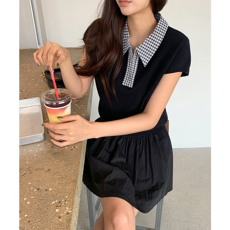 【チェック襟×ハーフジップ】 ポロシャツ サマーニット | COCOMOMO | 詳細画像13 