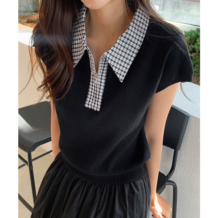 【チェック襟×ハーフジップ】 ポロシャツ サマーニット | COCOMOMO | 詳細画像16 